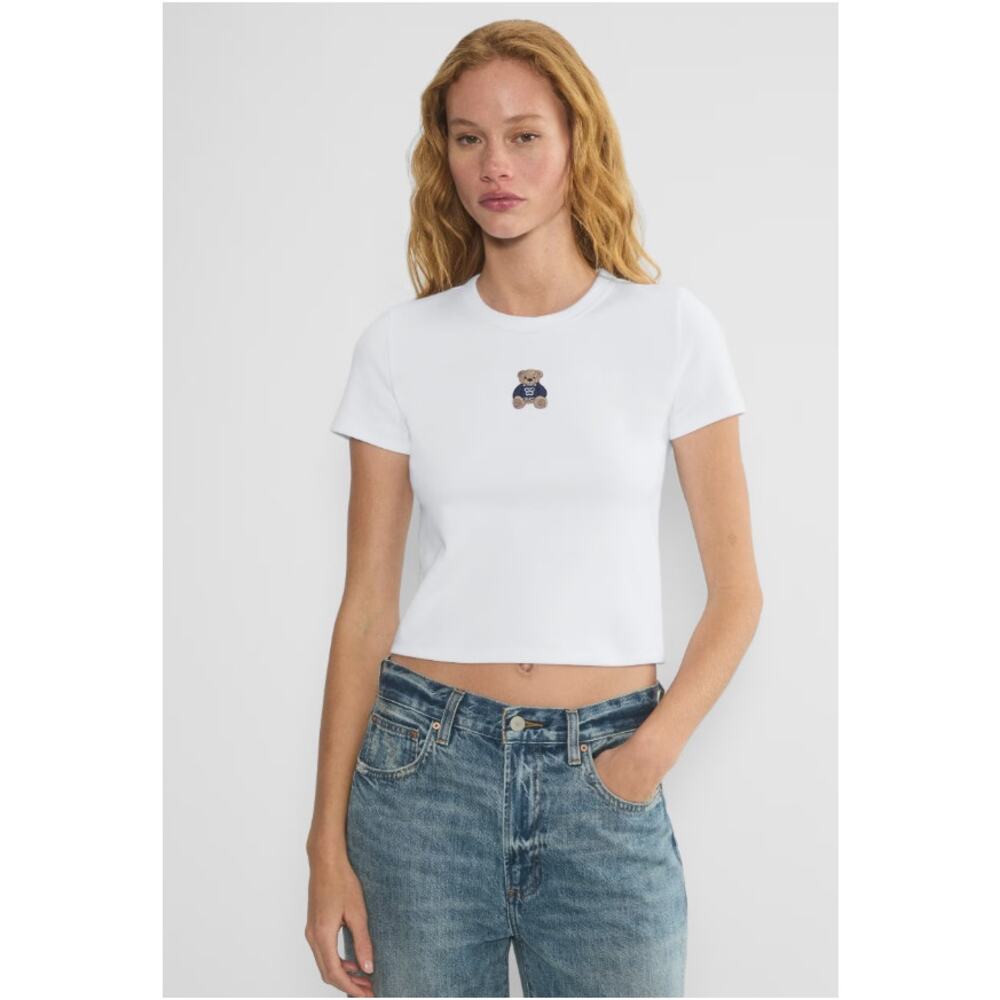Artizia Sunday Best BestHug Ribbed T-Shirt White Teddy Bear Embroidery Womens XS - Picture 3 of 7